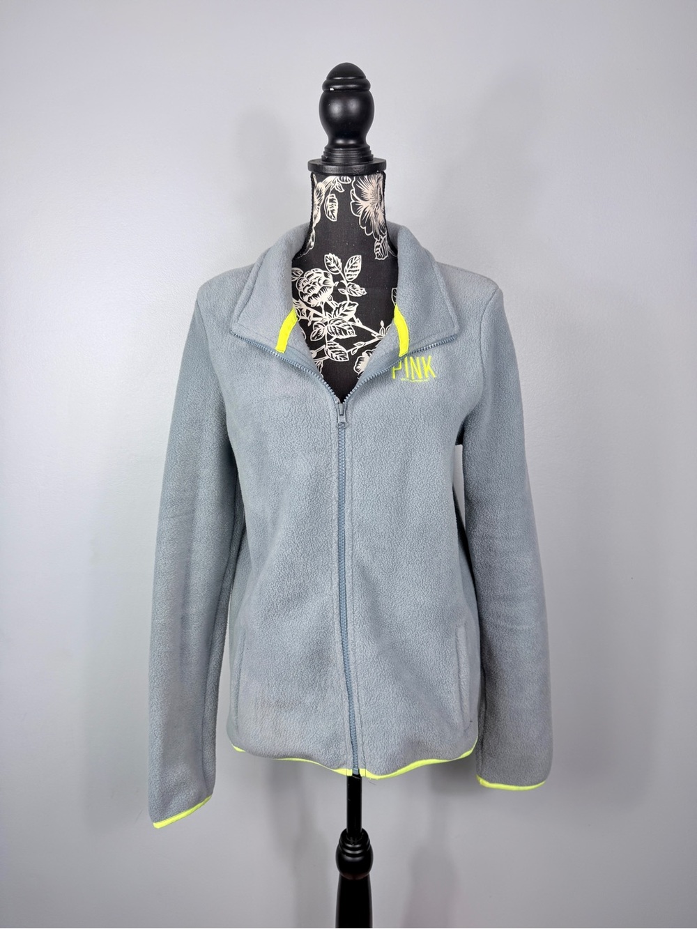 VS Pink grey neon trim fleece full zip oversize long sleeve jacket size small